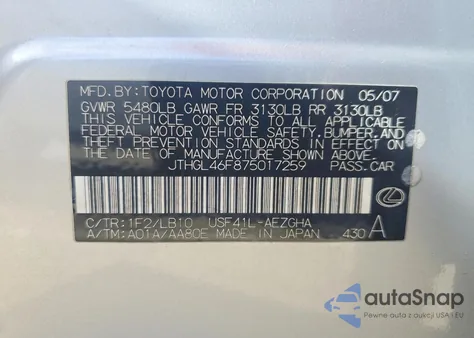 2007 Lexus Ls 460L from USA, damaged, VIN JTHGL46F875017259